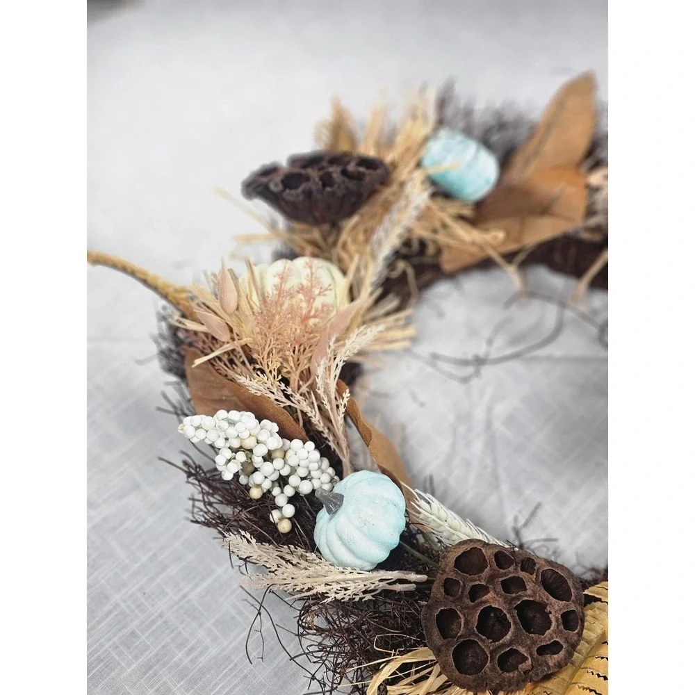 Rustic Fall Harvest Wreath Pumpkins Berries Leaves Twig 17 In